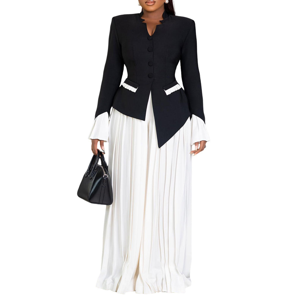 C8609  new arrival: stylish and chic office lady flared sleeve top and pleated wide-leg pants two-piece african outfit set