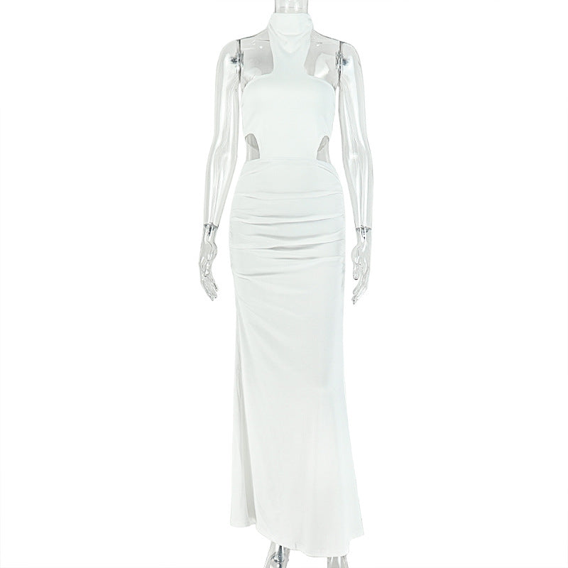 Fashion style cross-border pure color women's silm chest-wrapped elegant hip-covering skirt hanging collar sleeveless slit evening party dress