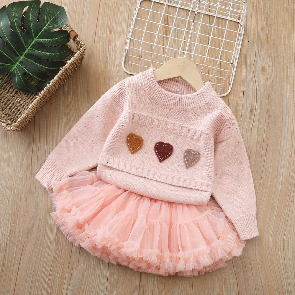 Kids' sweater  autumn/winter new collection tutu skirt set - baby girl knitted sweater & heart print princess dress set