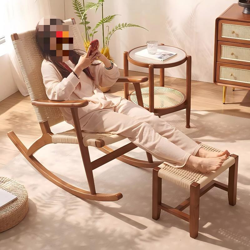 Scandinavian rocking chair solid wood for home balcony hemp rope woven ash rocking chair casual modern living room recliner