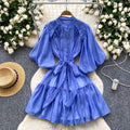 French retro bubble sleeve shirt dress with tie-waist and tulle detail – a unique and exquisite mid-length dress
