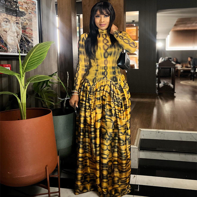 European and American  women's clothing 2025 autumn new fashion temperament semi-turtleneck long-sleeved waist printed long dress dress