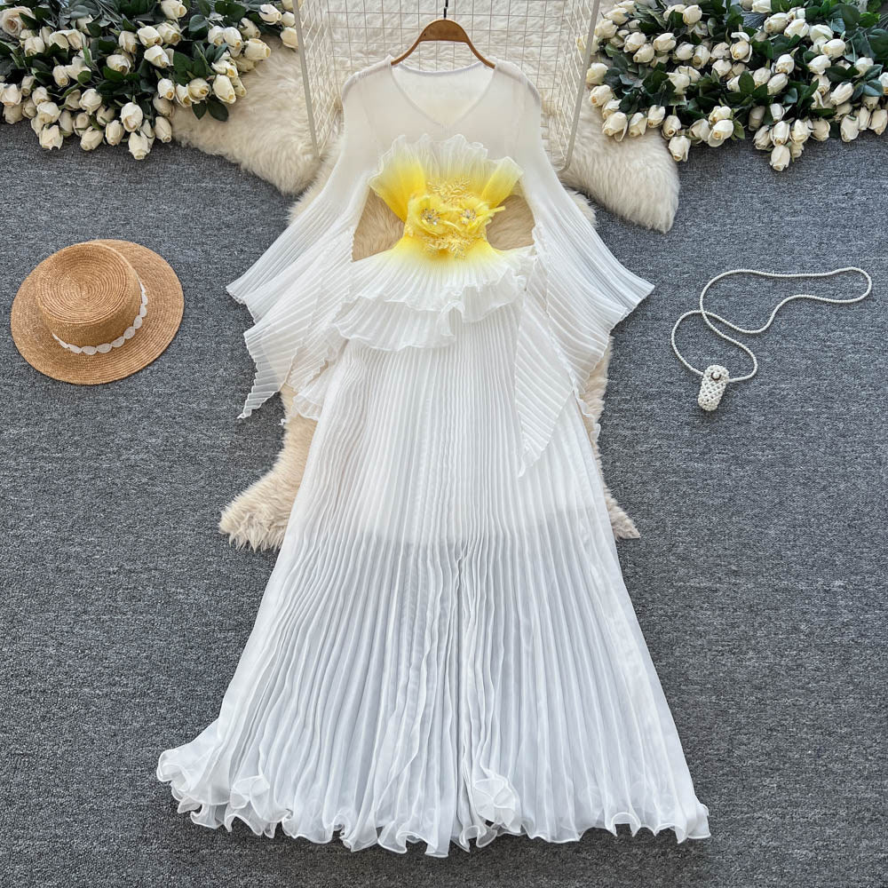 Fairy pleated dress women's summer atmosphere rufflesk-stylehigh waist long skirt whiteelegantpleated skirt