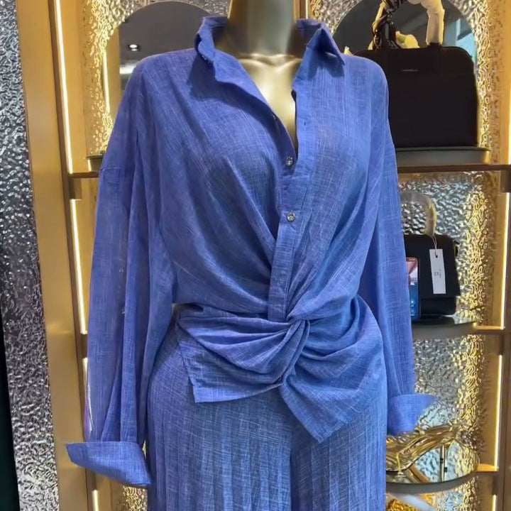 European and american cross-border women's clothing  summer new arrival: casual chic lapel long-sleeve blouse and pleated wide-leg pants set