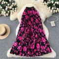 French chic printed high-waisted slimming a-line pleated midi skirt - perfect for vacation or work