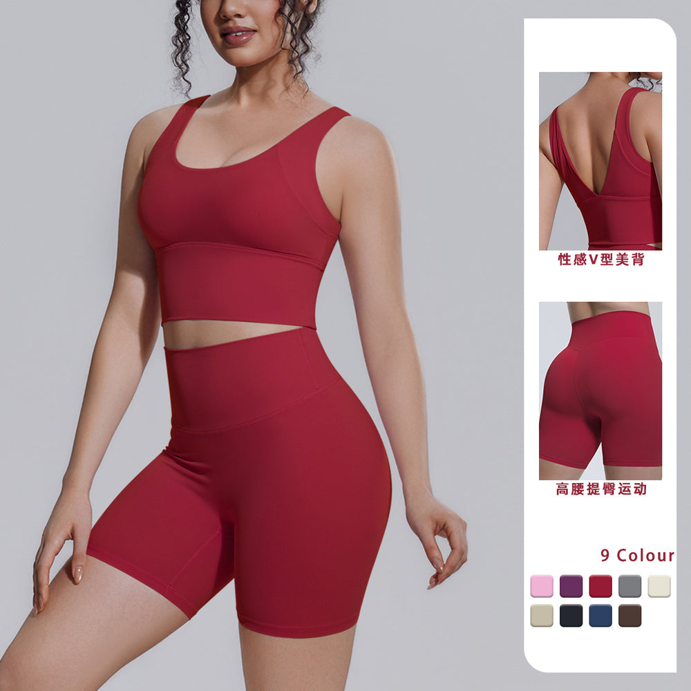 Sexy v-shaped back sports bra high waist hip lifting tight shorts suit quick-drying yoga clothes running fitness clothes