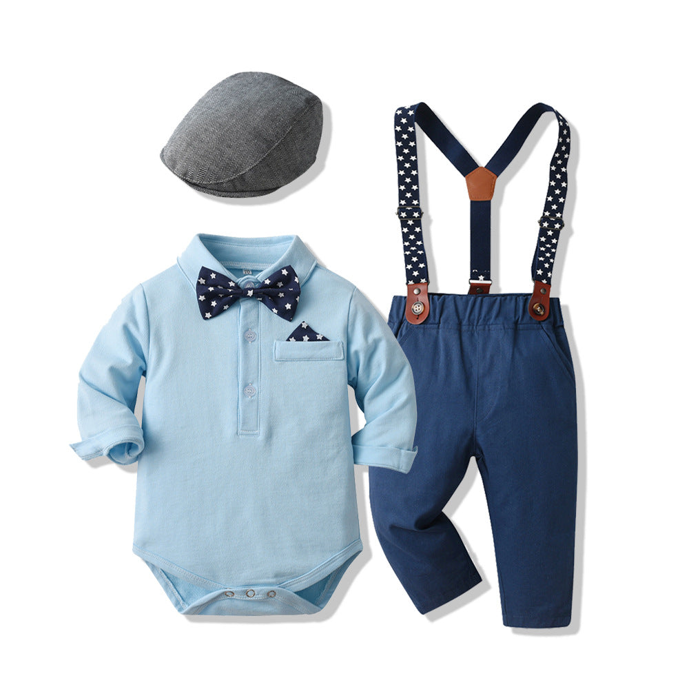 Export children's clothing new products spring & fall baby baby 100-day gentleman's suit baby suitlong sleeves khaki overalls hat