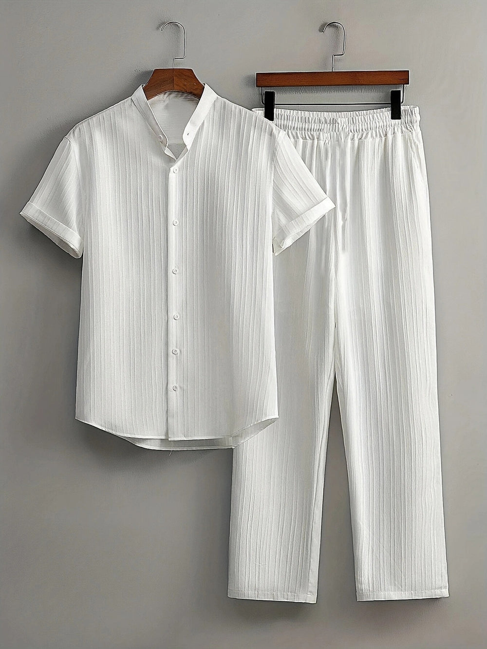 fashionmensuitcasualpure color short-sleeved shirt multi-color beach slub wrinkled short-sleeved pants two-piece set