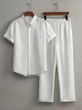 fashionmensuitcasualpure color short-sleeved shirt multi-color beach slub wrinkled short-sleeved pants two-piece set