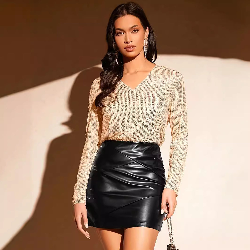 [sequins in stock] fashion   new arrival elegance style apricot sequin pullover sequin v neck t-shirt for women