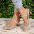 New pointed-toe mesh mules with mid-heel for women, 2026 summer collection, plus size available, stiletto heel, breathable sequin closed-toe slippers, ready to ship