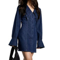 Amazon foreign trade cross-border fashion new women's solid color round neck long sleeve bodycon denim dress - elegant style