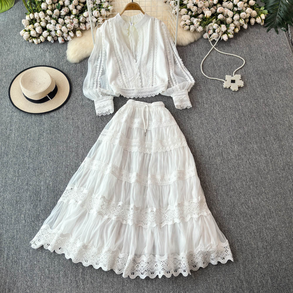 autumn socialite style lantern sleeve long-sleeve hollow-out lace patchwork blouse + a-line midi skirt set dress for women