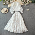autumn socialite style lantern sleeve long-sleeve hollow-out lace patchwork blouse + a-line midi skirt set dress for women