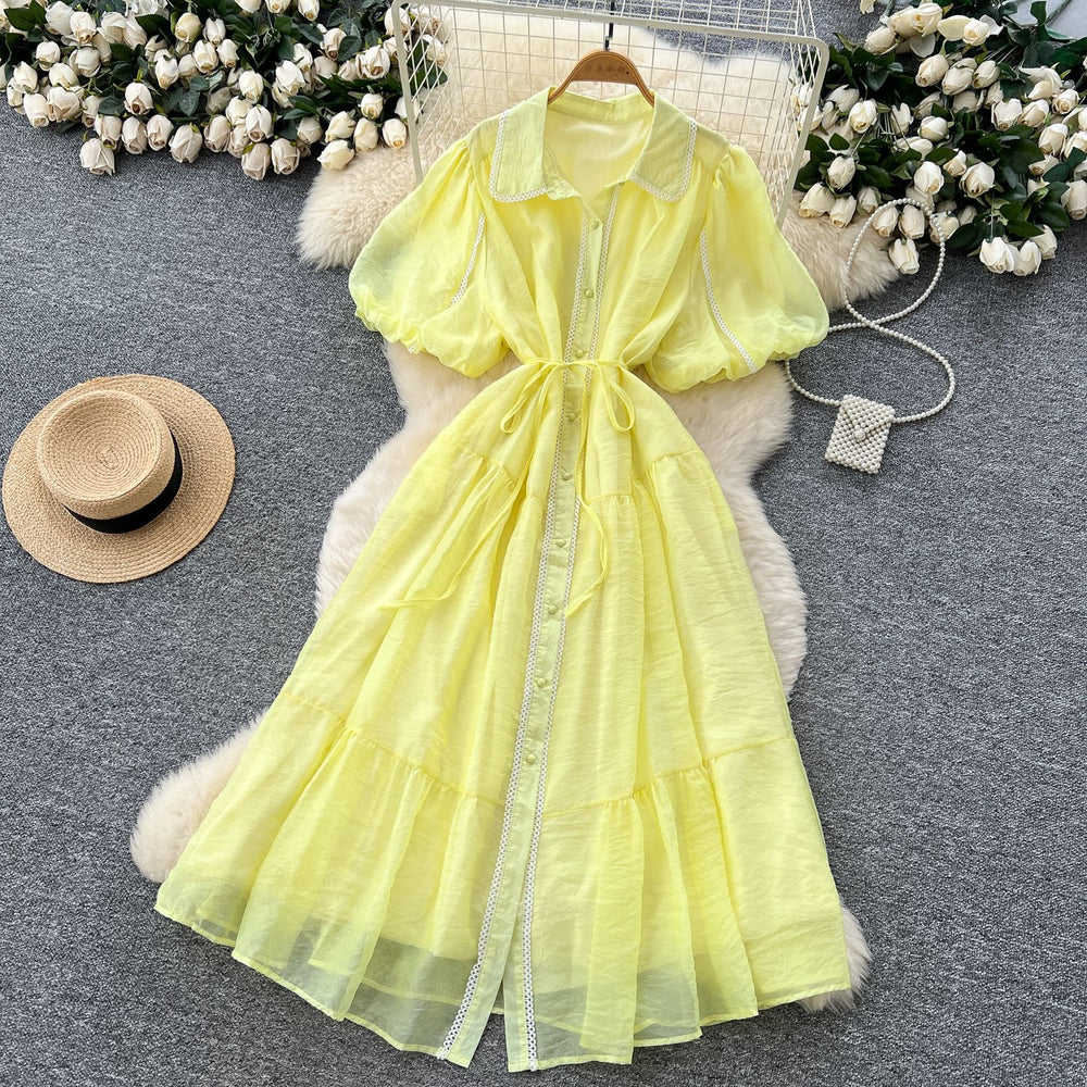 French gentle style elegant lapel lantern sleeves tie back waist single-breasted dress female super fairy slimming look long skirt