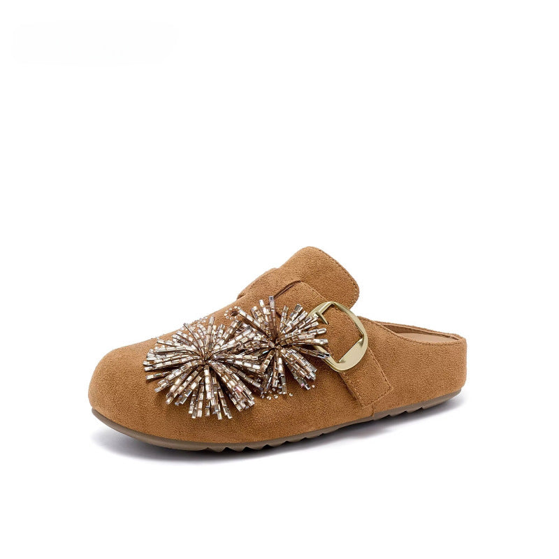 Thick sole hidden heel fireworks rhinestone birkenstock shoes women's 2026new arrivalspring and summer toe-cap half slippers outwear sandals flats