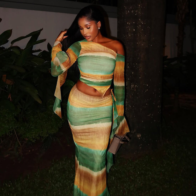 Fashion style cross-border casual vacation hip-covering color matching elegant skirt suit elastic slanted collar asymmetrical two-piece set women's clothing