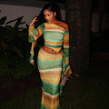 Fashion style cross-border casual vacation hip-covering color matching elegant skirt suit elastic slanted collar asymmetrical two-piece set women's clothing