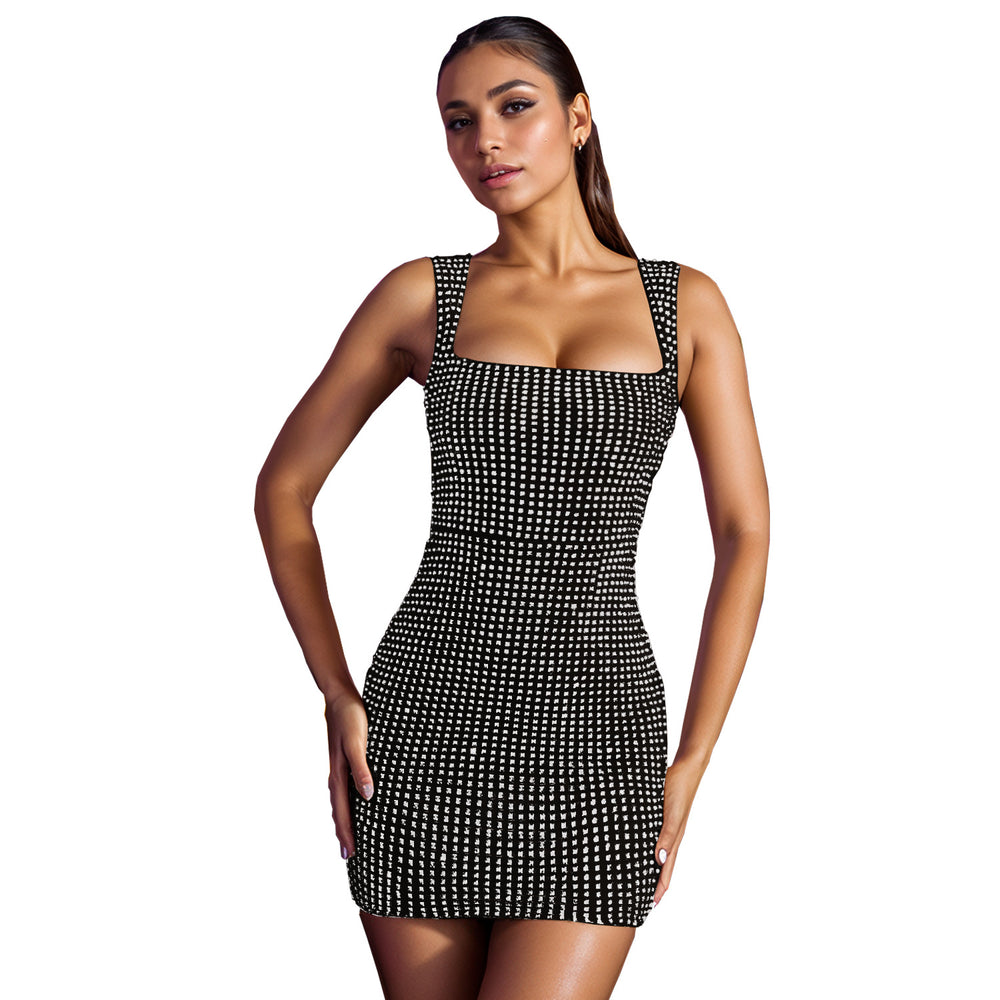C7109 cross-border   fashion women's hotfix rhinestone camisole sexy slim-fit evening party dress