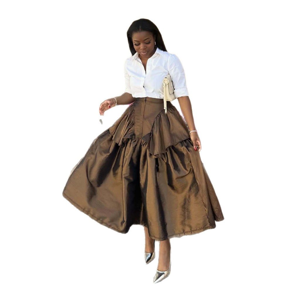 European and american cross-border women's fashion  summer new high-waisted ruffle pleated a-line midi skirt
