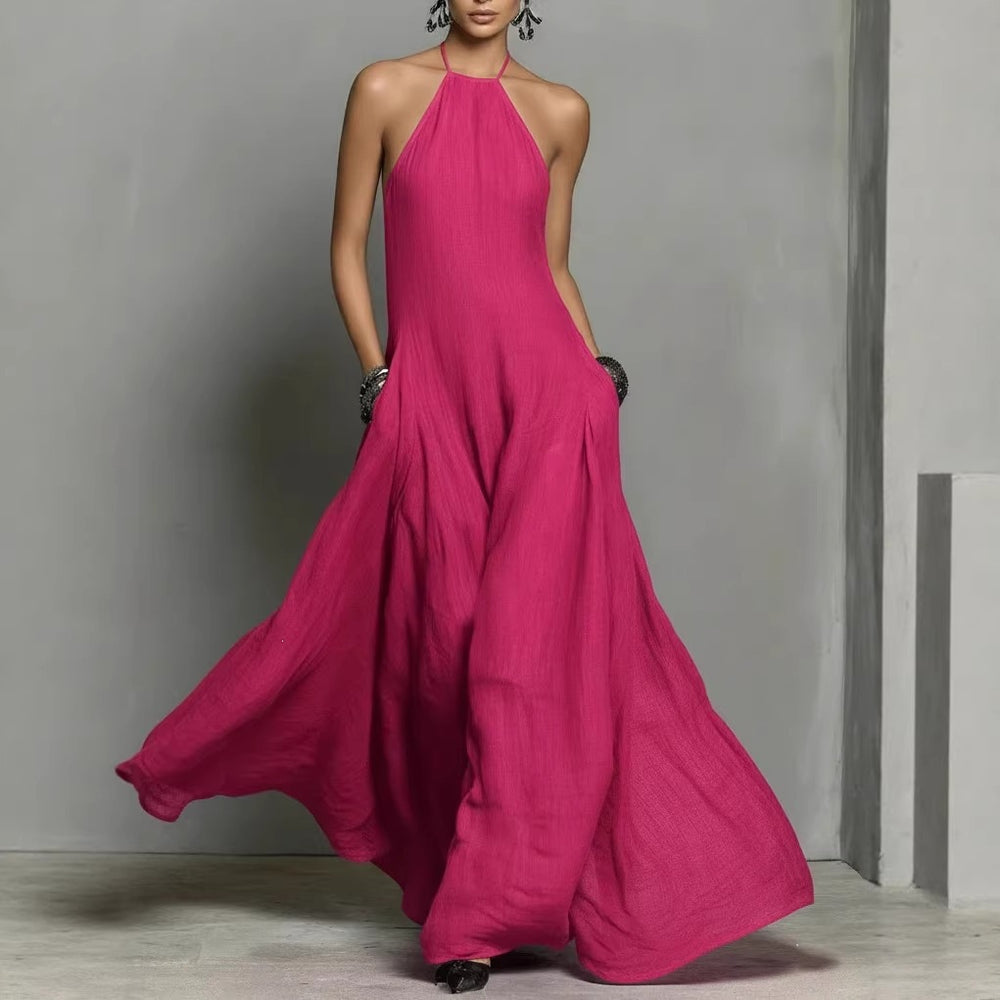 spring/summer new arrivals: european and american -style independent store cotton-linen blend minimalist open-back sleeveless maxi dress