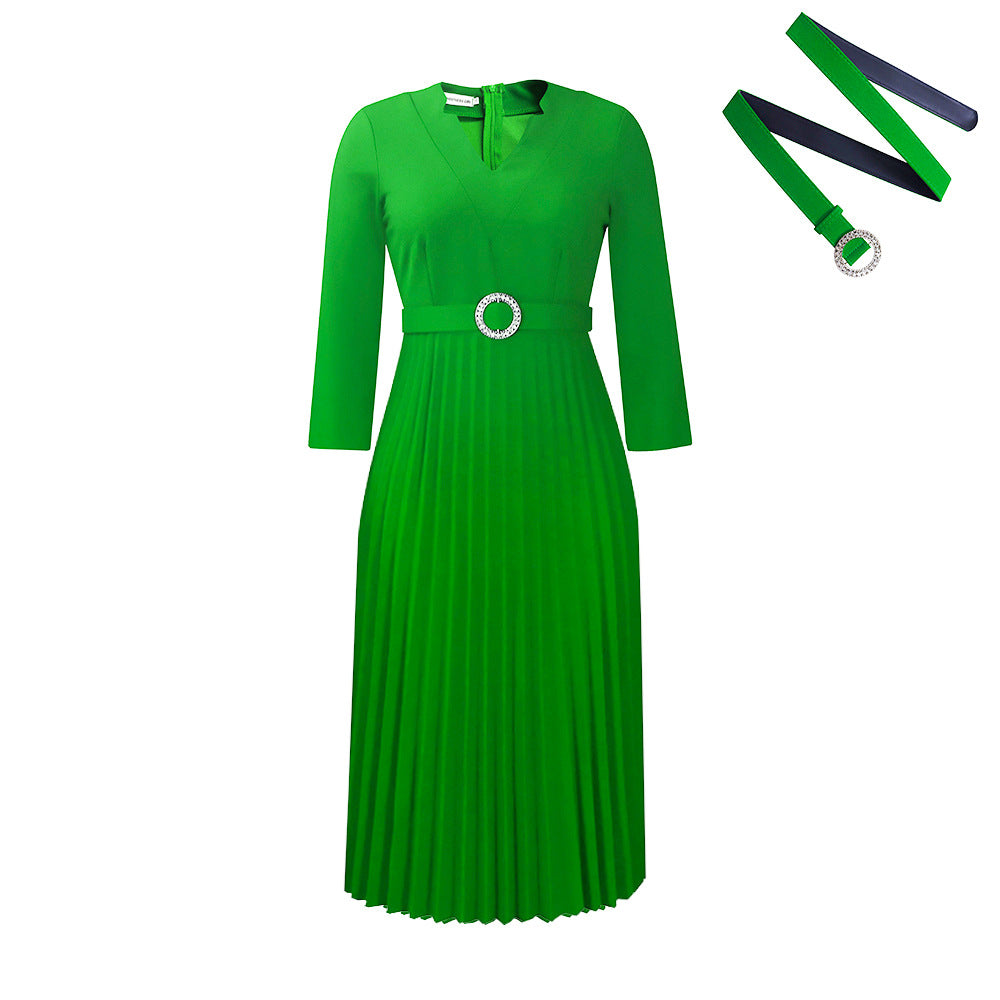 D426 independent station export women's clothing  autumn new v neck fashionelegantelegance pleated skirt fashiondress