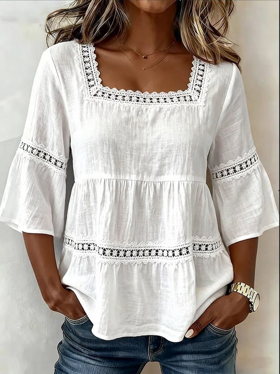 cross-border  summer solid color casual square neck cotton linen lace trimmed three-quarter sleeve top for women