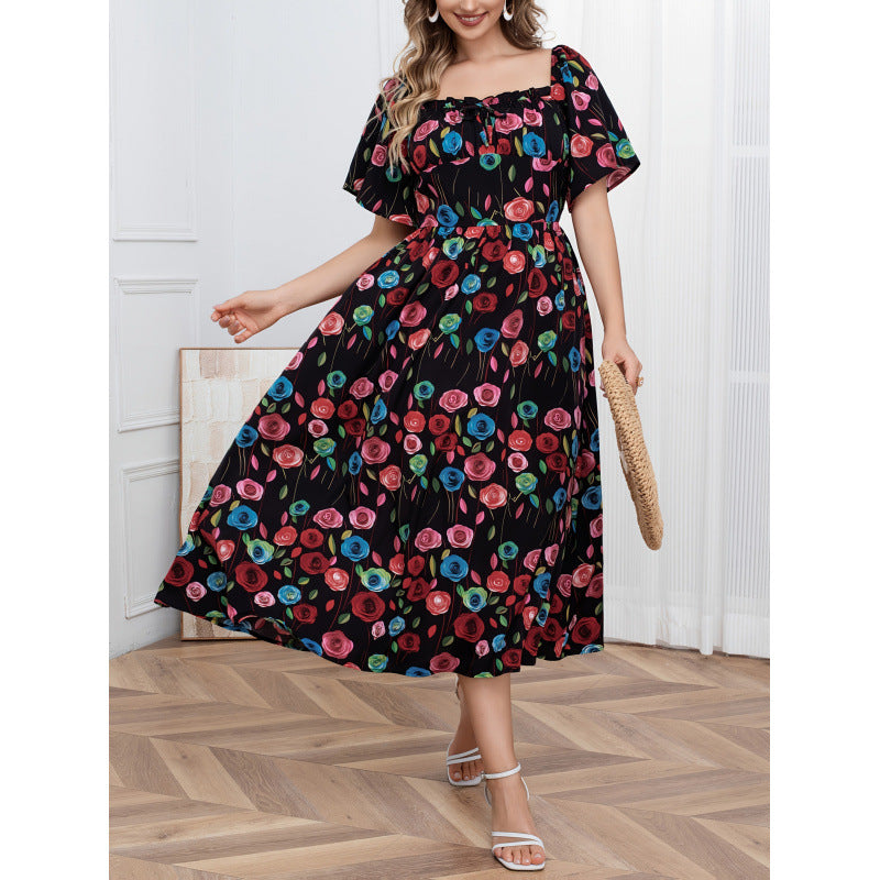 code new arrival  women's original fashion square neck lace high waist printingdress