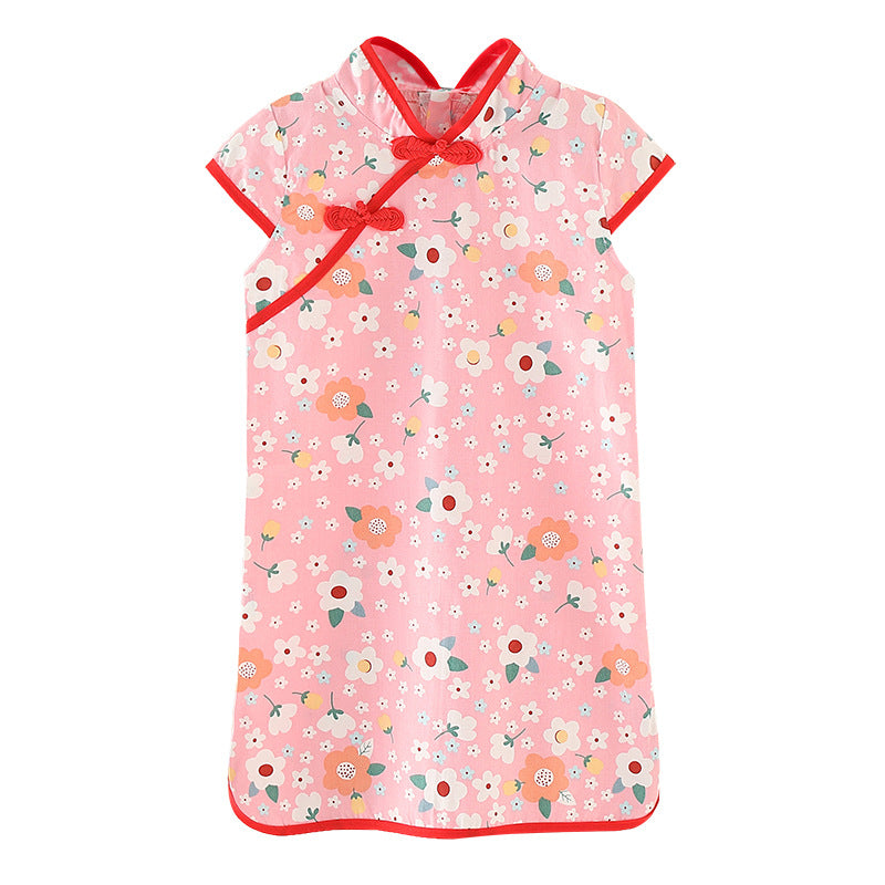 Pure cotton cheongsam-style ethnic girl's dress - short sleeve