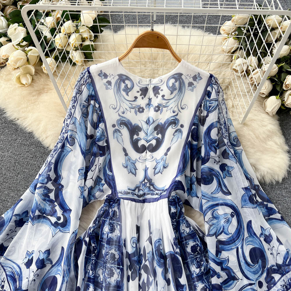 Dress autumn clothing new arrival2022niche style sense of designfashion resort style retroprinting bell sleeves chiffon long skirt