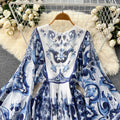 Dress autumn clothing new arrival2022niche style sense of designfashion resort style retroprinting bell sleeves chiffon long skirt