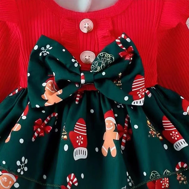 foreign trade christmas element long-sleeved jumpsuit european and american infant pit strips flying sleeves embroidered santa claus printing