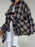 cross-border vintage style versatile turn-down collar loose fit shirt - spring/autumn plaid long sleeve pocket women's blouse