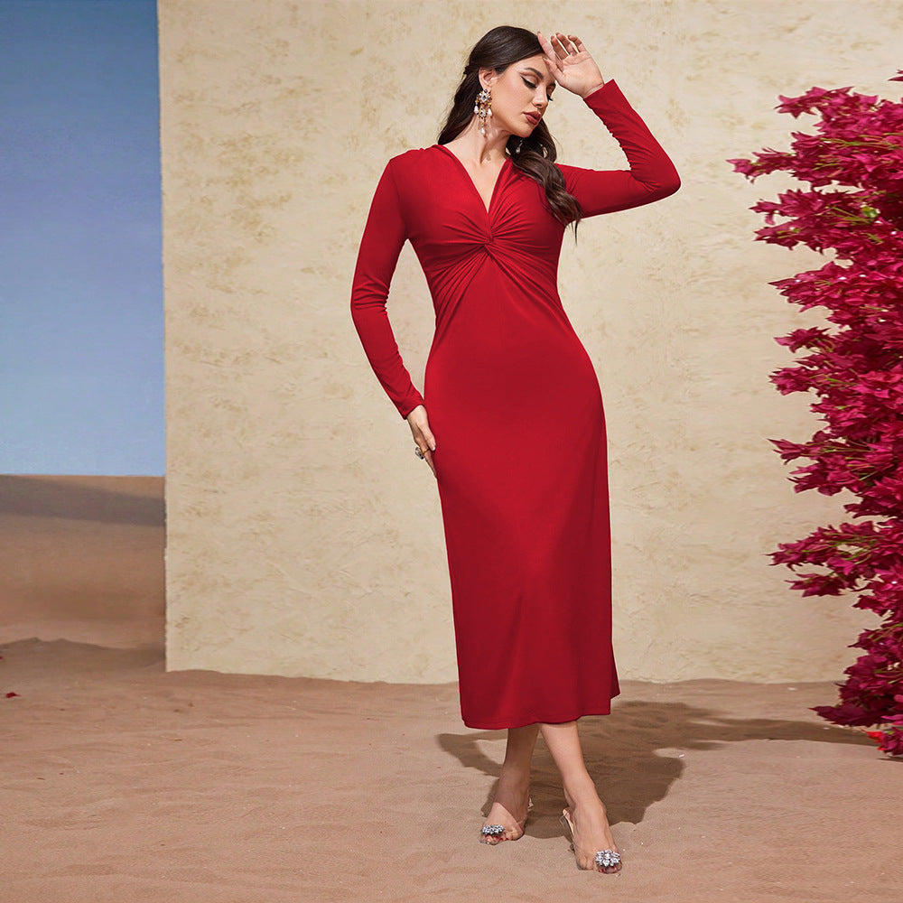 cross-border women's fashion french chic dress - spring/summer v-neck slimming red midi dress