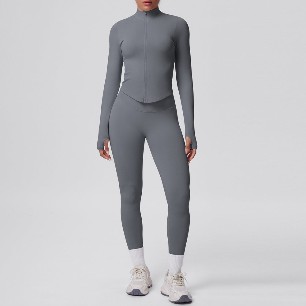 High-waisted, butt-lifting, form-fitting yoga set. solid color, seamless, stand-up collar, longline activewear. perfect for outdoor running and fitness