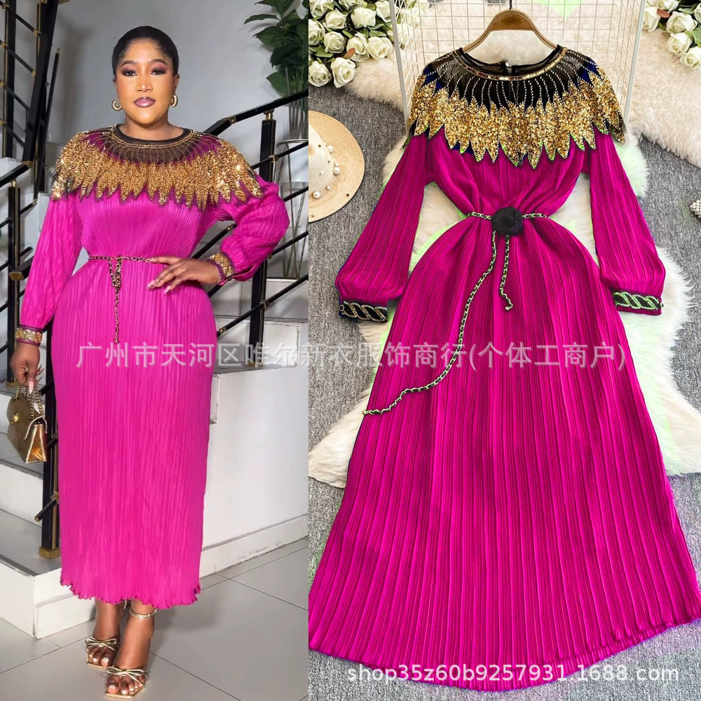 Miyake cross-border heavy industry sequin cloak patch waist pleated loosedress pleated long skirt