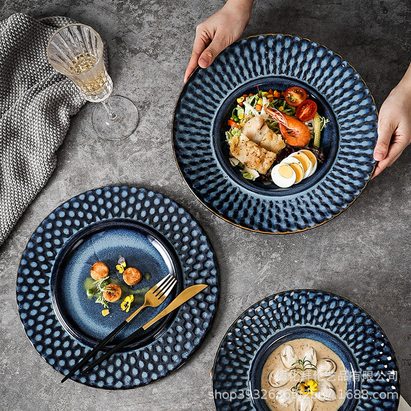Japanese kiln-turned-beautiful western food plate, household polka dot creative tall spaghetti plate, soup plate, dessert plate