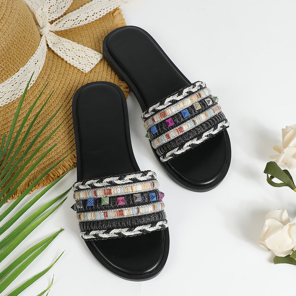 2025 new export summer women's slippers - fashionable, casual, comfortable, flat, ethnic style, one-strap woven design
