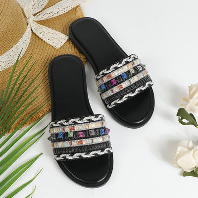 2025 new export summer women's slippers - fashionable, casual, comfortable, flat, ethnic style, one-strap woven design