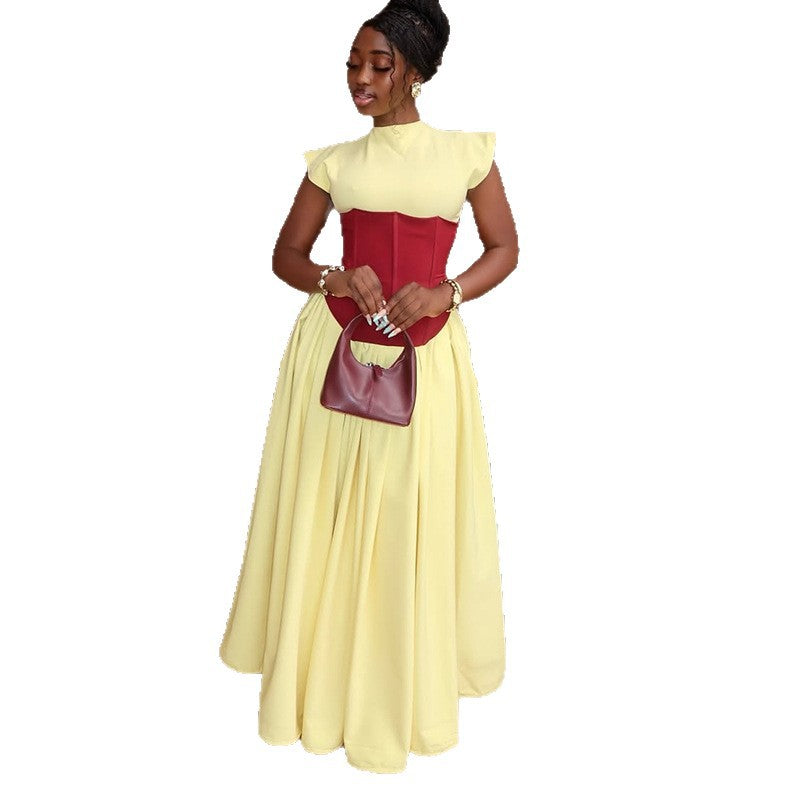 European and American  women's clothing 2025 autumn new temperament semi-turtleneck splicing waist dress medium and long dress