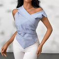 European and american cross-border   new striped design women's summer turn-down collar off-shoulder sleeveless vest