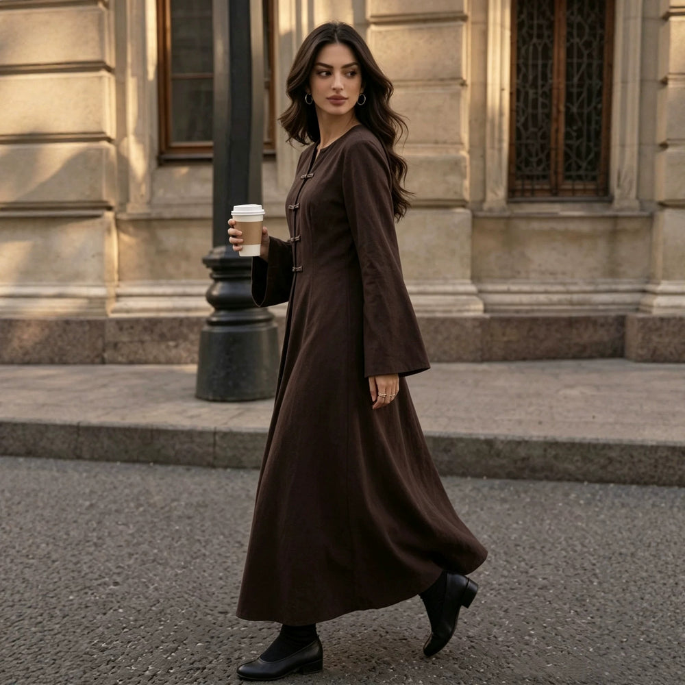 cross-border fashion: vintage-inspired, elegant, and versatile long dress with round neck, button-down design, and pleated detailing