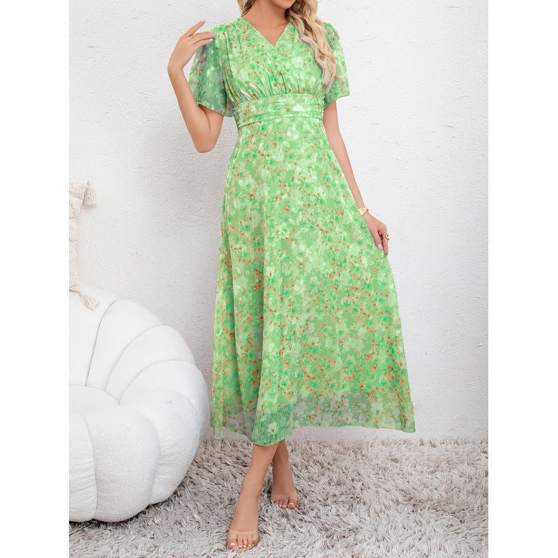 cross-border code new arrival  original women's elegant v-neck printed fitted dress