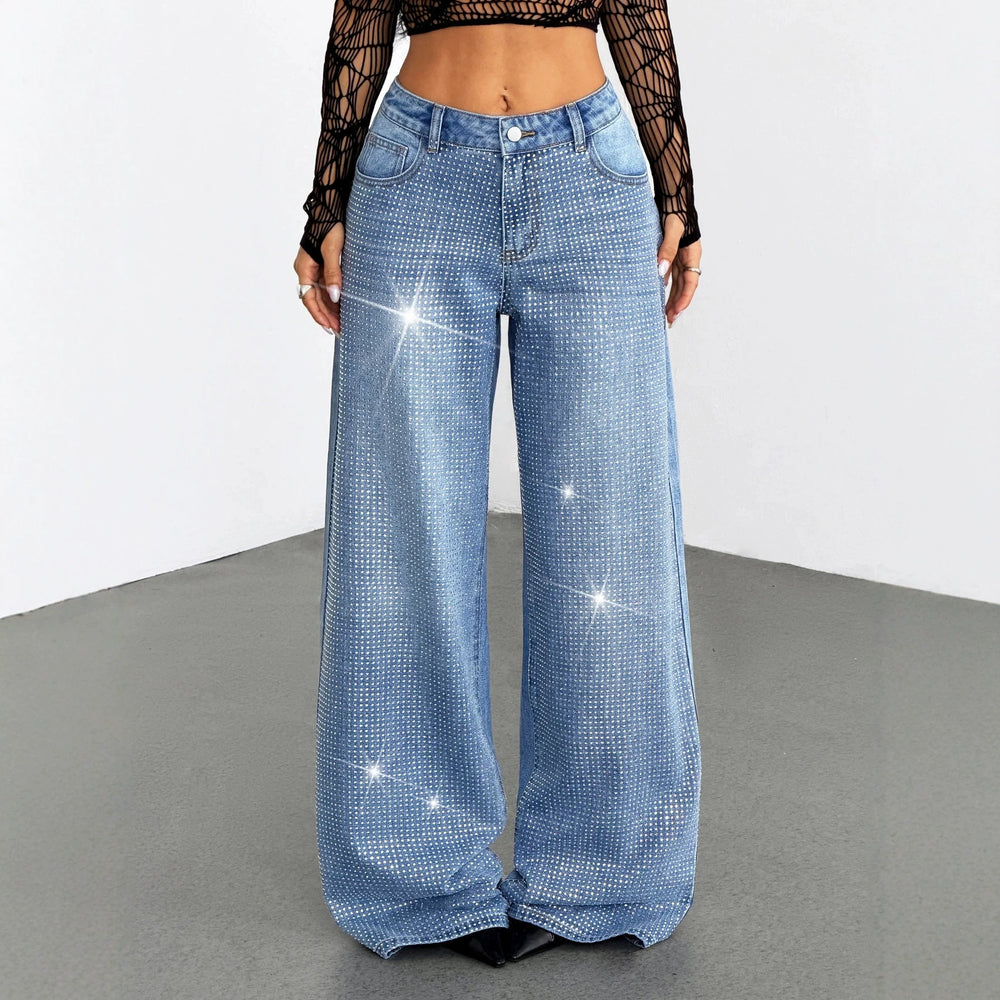 Fashionjeans women's high waist full diamond hot diamond wide leg pants cross-border washed shiny loosestraight-leg denim women's pants