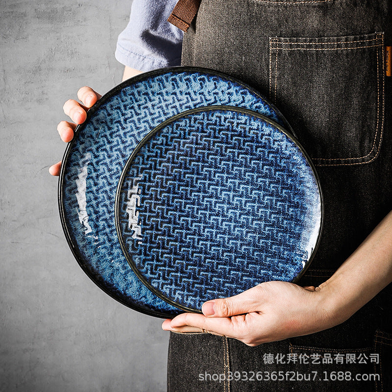 Kiln-turned-blue, high-value western-style dessert stylish plate, retro texture ceramic steak plate, round plate, restaurant and hotel
