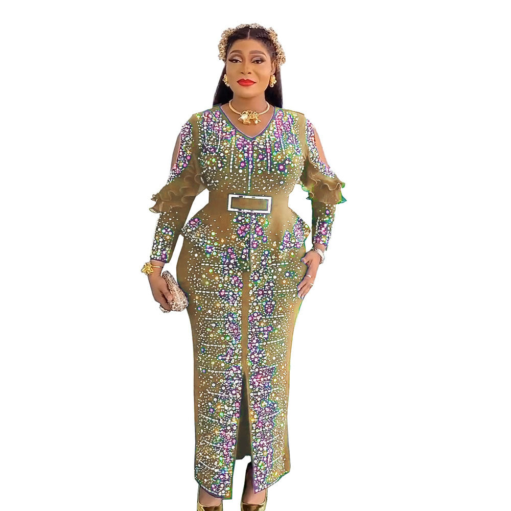 supply hot diamond beading off-shoulder long sleeves waist slit long skirt v neck african long skirt dress