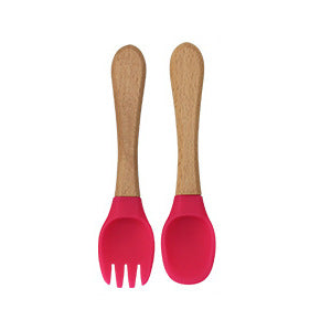 Factory direct sales silicone wooden handle complementary food fork and spoon  baby spoon baby training eating fork and spoon set wholesale
