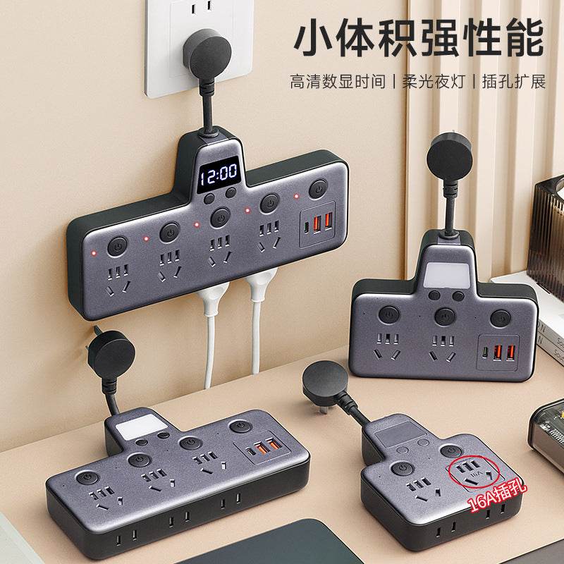 Multi-function socket usb converter with clock display, independent switches, and multiple outlets for home, dorm, and office use
