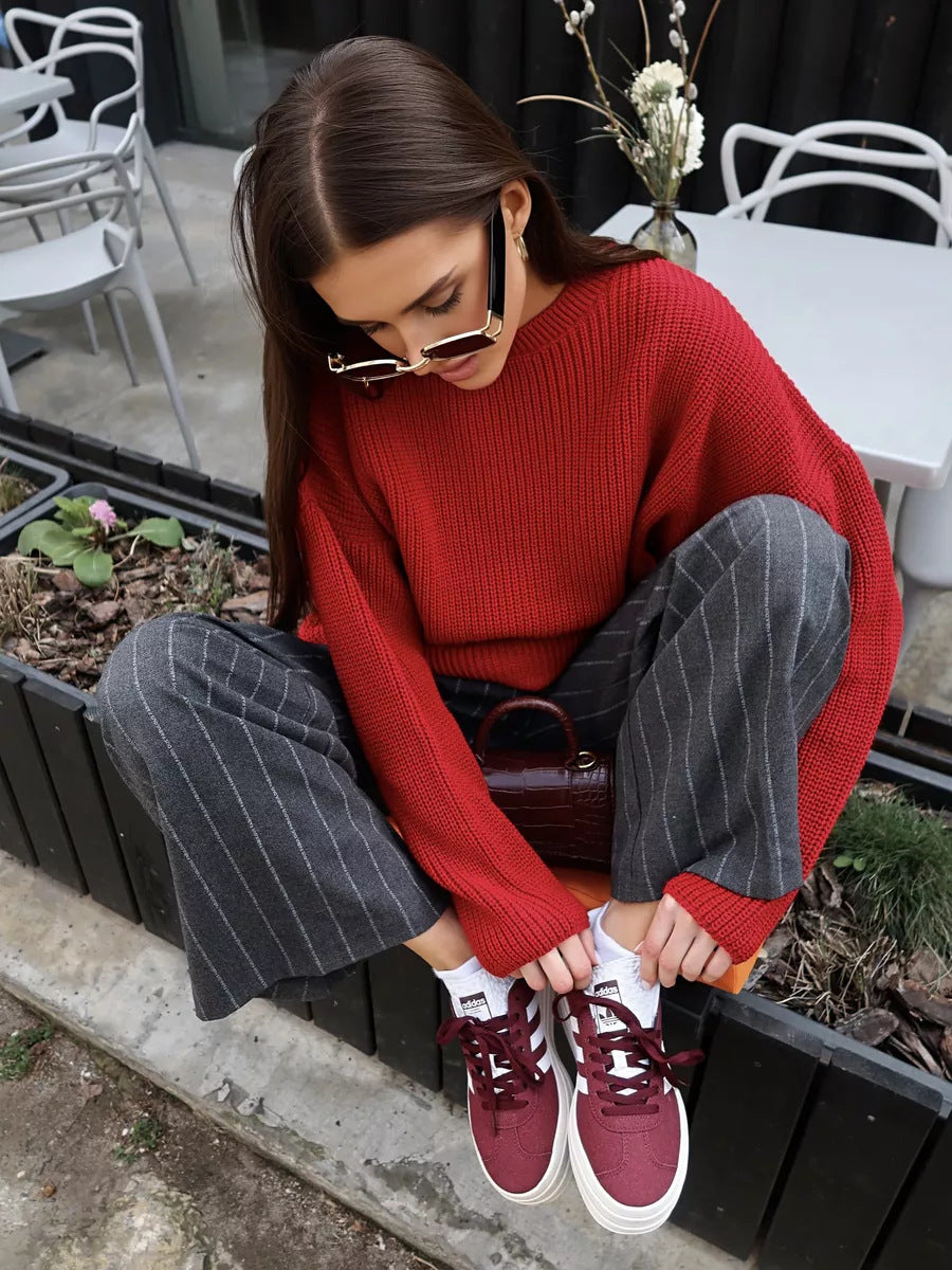 Cross-border solid color crew neck sweater 2024 European and American spring and autumn loose knitted sweater Ins  pullover women