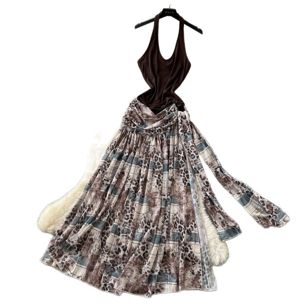 Classy atmosphere retro leopard print patchwork slit suspender dress women's high waist strap long skirt niche stylesummer